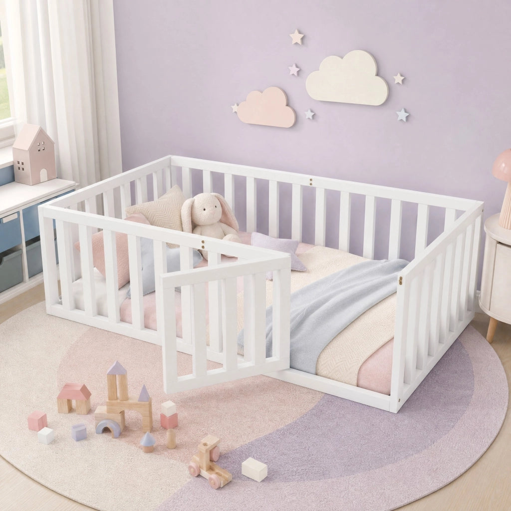 Letto a pavimento per bambini ULEVR 90x200 cm con recinto e porticina apribile, bianco