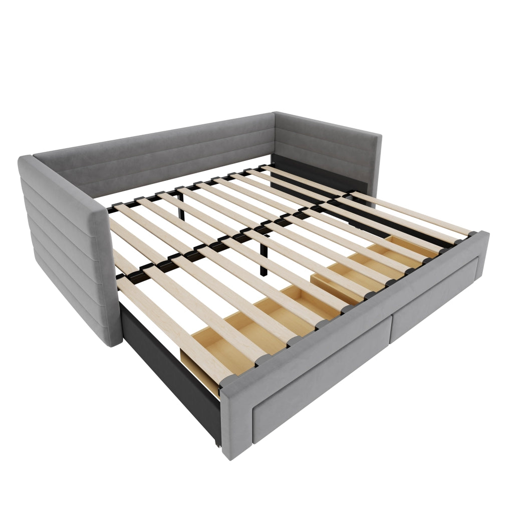 Divano letto 3 in 1 imbottito estraibile 90x190 cm in cotone e lino grigio; con cassetti