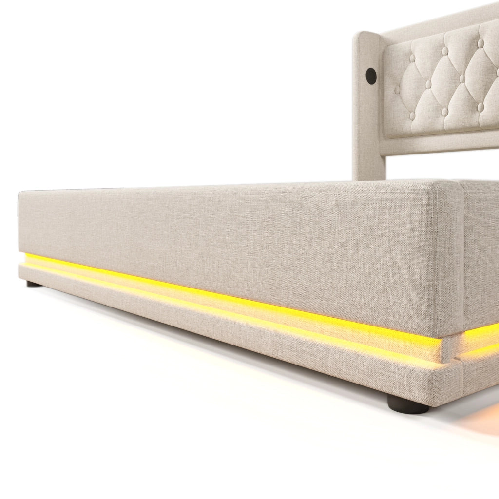 Letto matrimoniale con contenitore 160x200 cm in cotone beige; testiera con USB e Type-C; LED