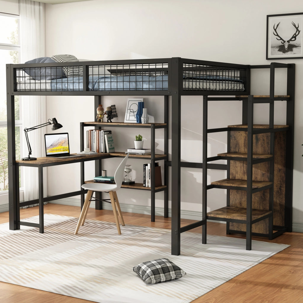 Letto a soppalco 140x200 cm in metallo e MDF con scrivania, armadio e scaffali nero/marrone