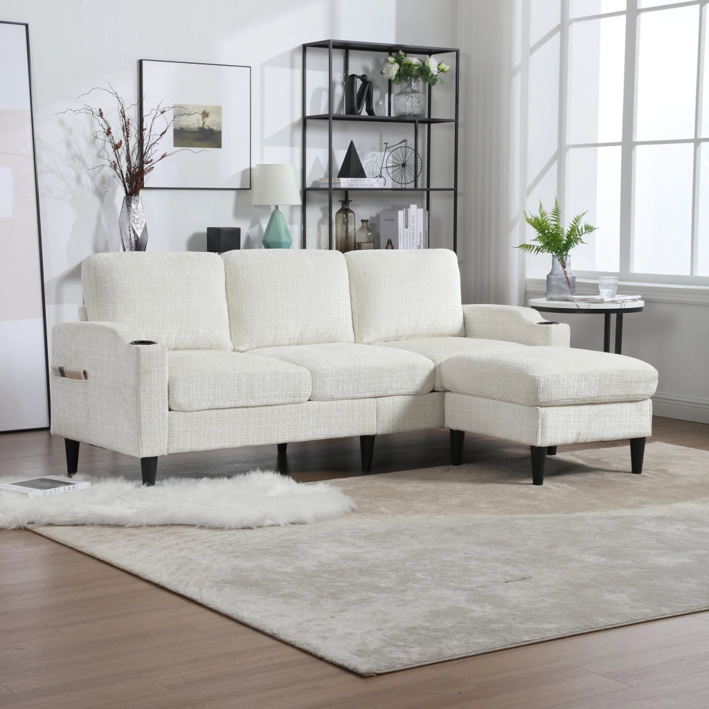 Sofa 4 posti con pouf contenitore in chenille beige; 196;5 x 75 x 77 cm