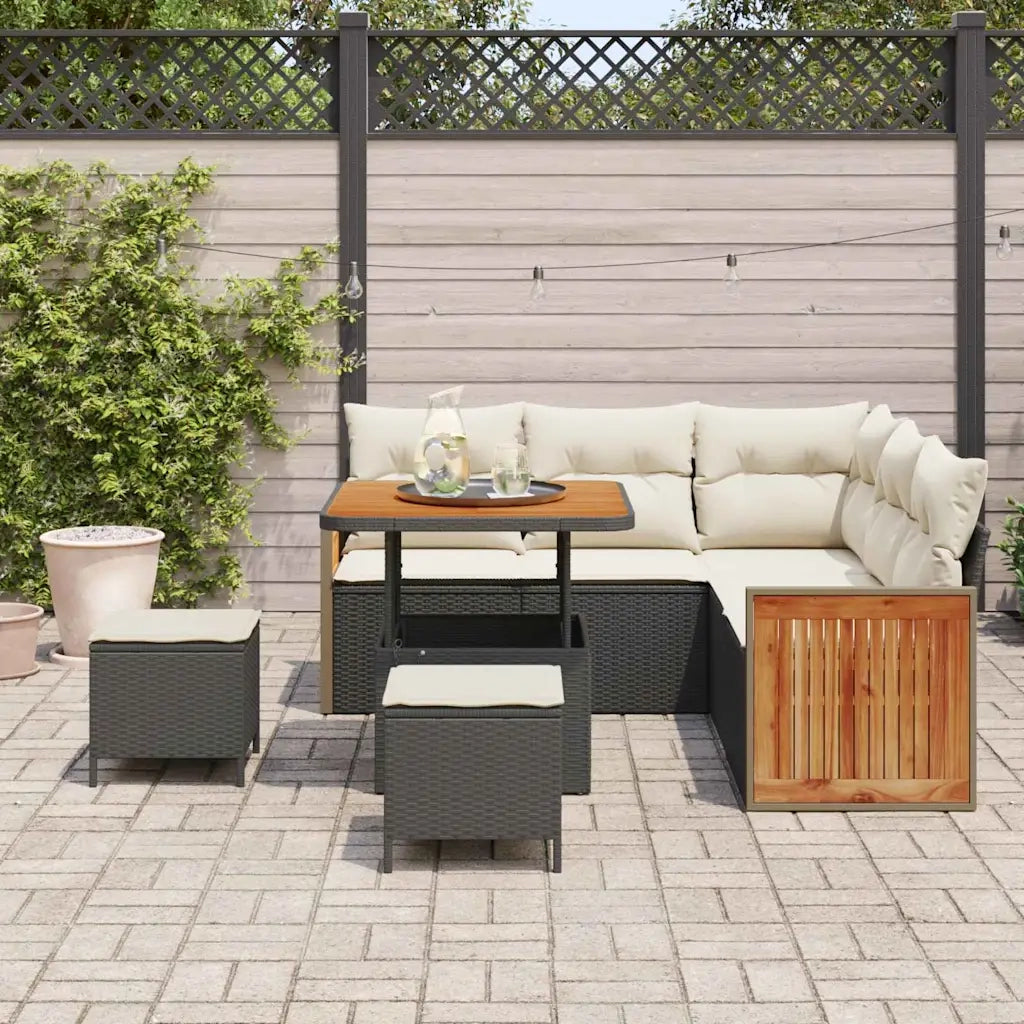 Set Divano da Giardino 9 pcs Nero e Crema polyrattan