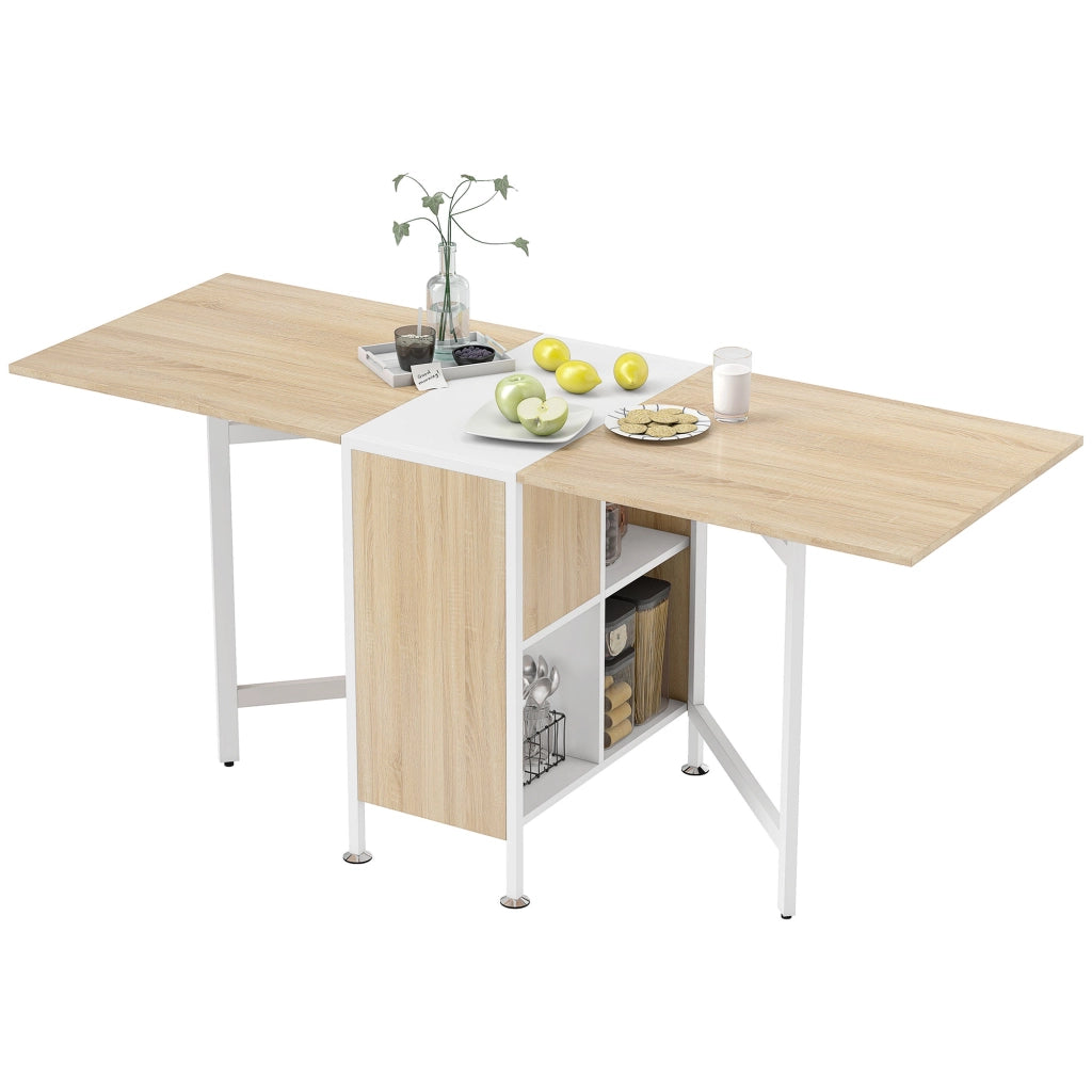 Tavolo da Pranzo Pieghevole per 4 Persone con Pannelli a Ribalta, Scrivania Richiudibile Salvaspazio con 4 Scompartimenti in MDF, per Sala da Pranzo, Soggiorno, 169x60x75 cm, Rovere e Bianco
