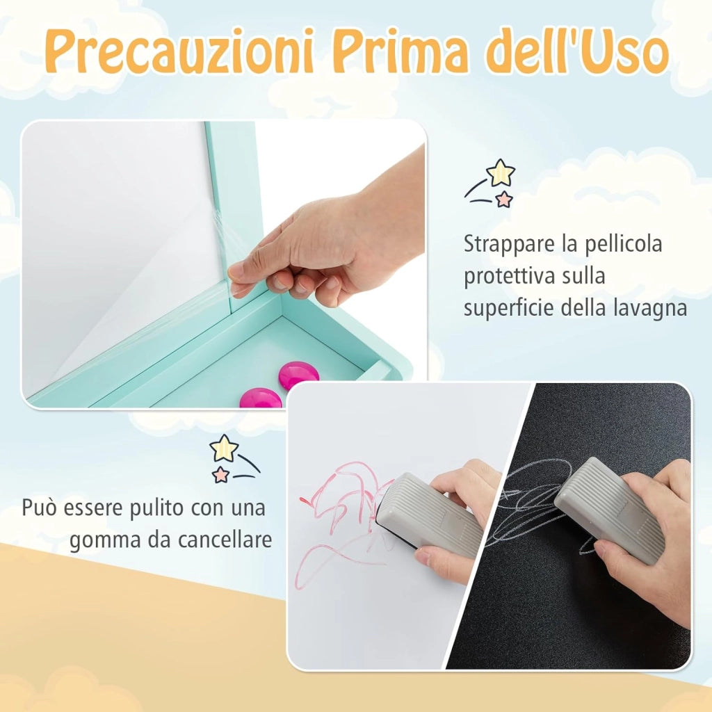 3 in 1 Cavalletto per Bambini con Doppia Faccia, Cavalletto per Disegno con 2 Vassoi e 2 Scatole, Lavagna Bambini in Legno (Verde)