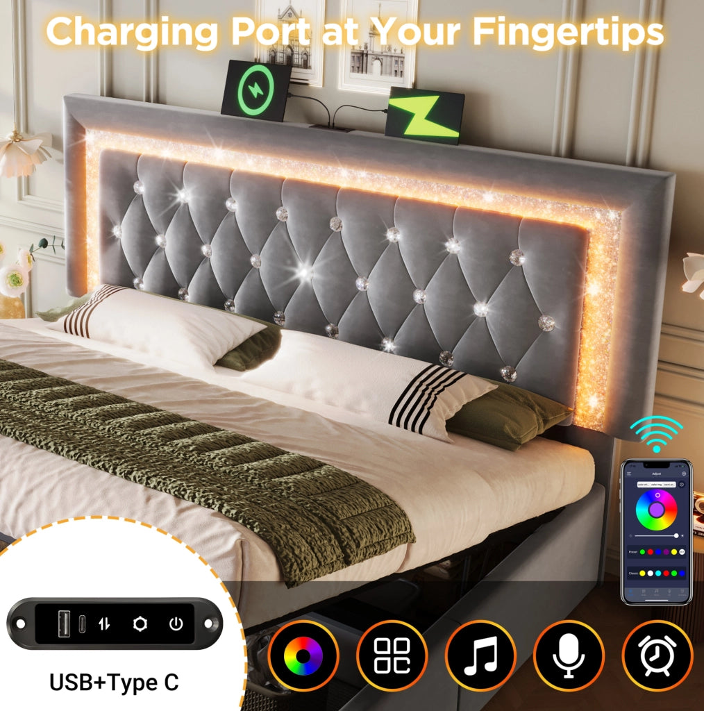 Letto contenitore 160 × 200 cm con LED; USB e USB-C; testiera regolabile; velluto grigio