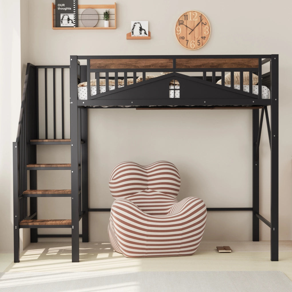 Letto a soppalco 90x200 cm in metallo nero con scala laterale e vani contenitore