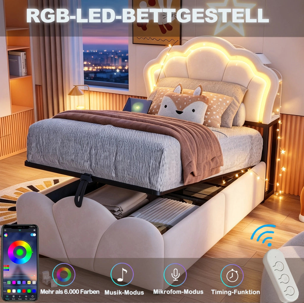 Letto imbottito 90x200 cm in velluto beige con contenitore idraulico, LED e prese integrate