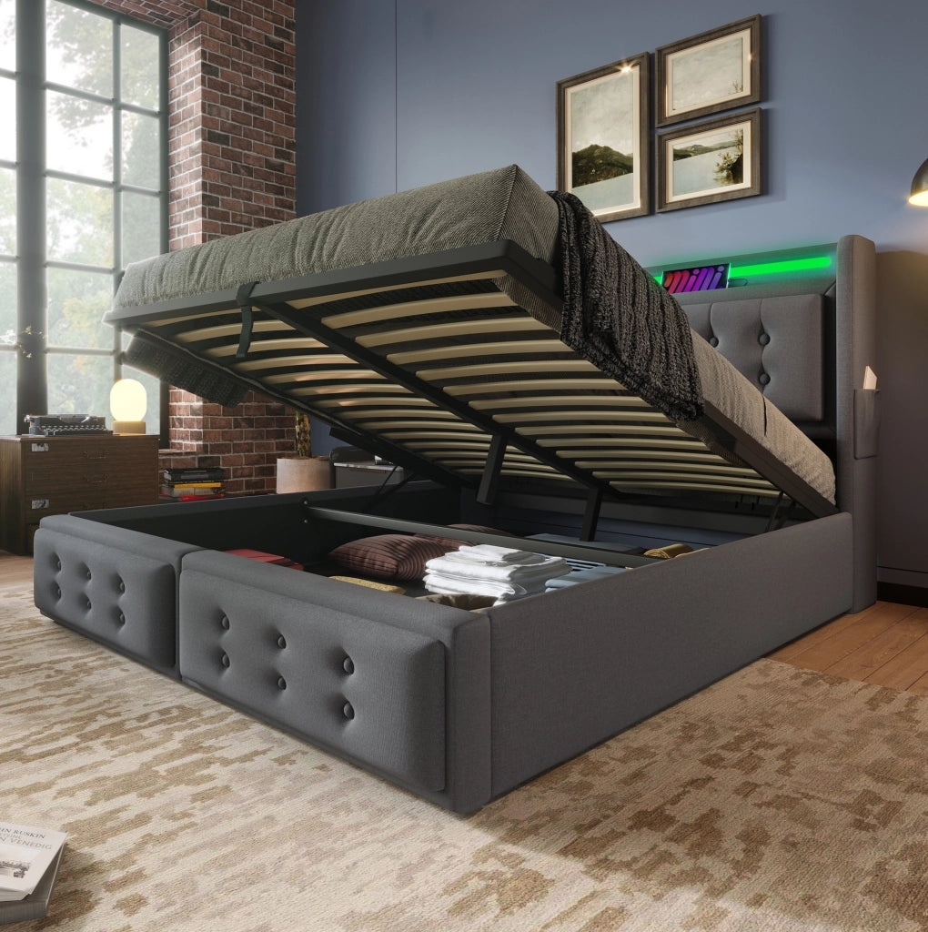 Letto contenitore 140 × 200 cm con LED; prese USB e Type-C; grigio
