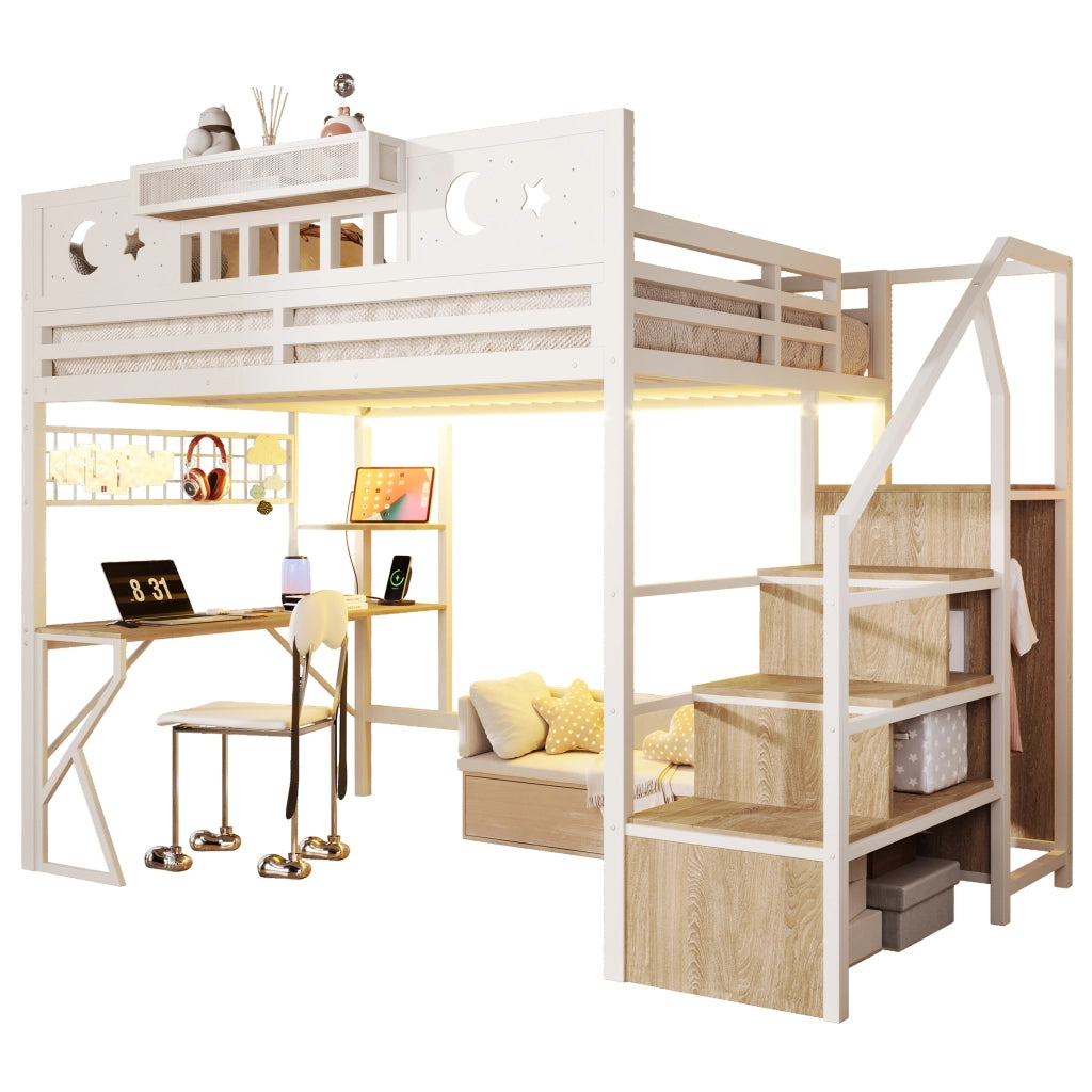 Letto a soppalco 140x200 con scrivania in metallo e MDF; LED; USB e scaffali; bianco