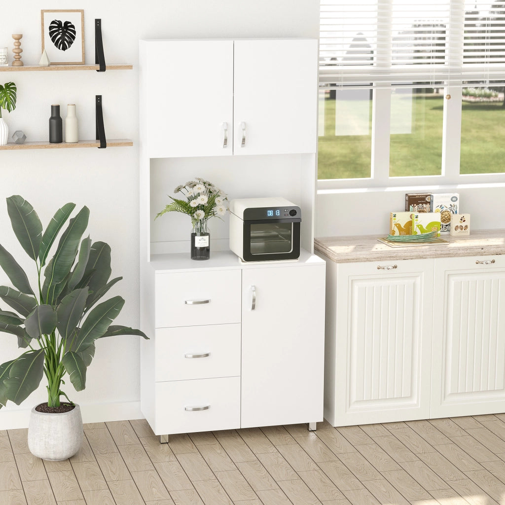 Credenza da Cucina e Soggiorno, Credenza Moderna in Legno Bianco, 2 Armadietti, Mensole Regolabili, 1 Ripiano Aperto e 3 Cassetti, 80x39.5x183.5cm