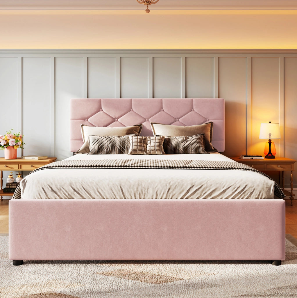 Letto imbottito 140x200 cm con rete a doghe e letto estraibile, rosa
