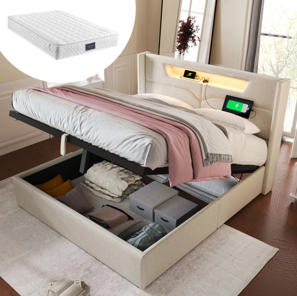Letto 140x200 cm con contenitore, LED, USB e USB-C in lino beige