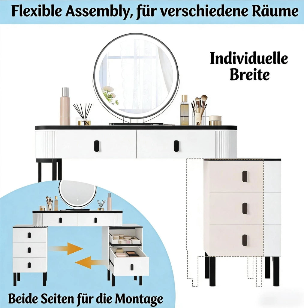 Tavolo da Trucco con Specchio LED Dimmerabile e Sgabello in Velluto Bianco e Nero