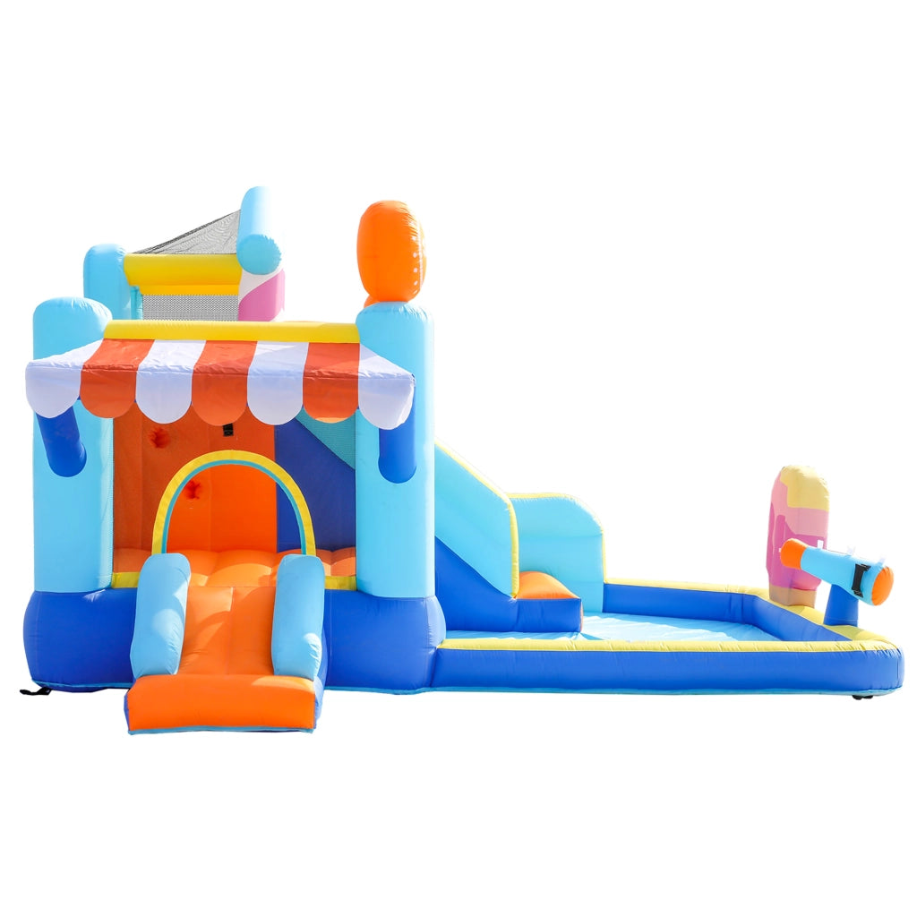 Castello Gonfiabile per Bambini con Ventilatore 450W, Parco Acquatico Multifunzione Esterno con Trampolino, Scivolo d'Acqua, Mini Scivolo, Fontana e Pistole ad Acqua