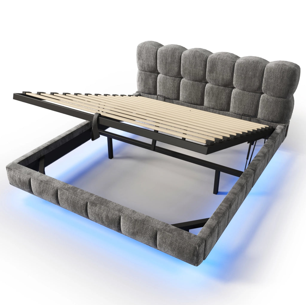 Letto imbottito 140x190 cm con contenitore, LED e prese USB-C in ciniglia grigia