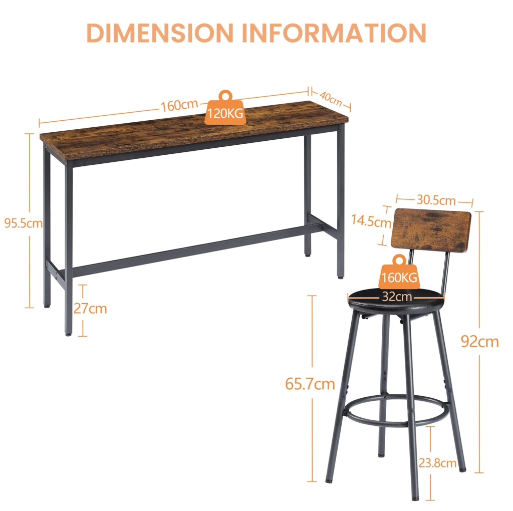 TAVOLO BAR 160x40 cm con 3 sgabelli, marrone rustico e nero