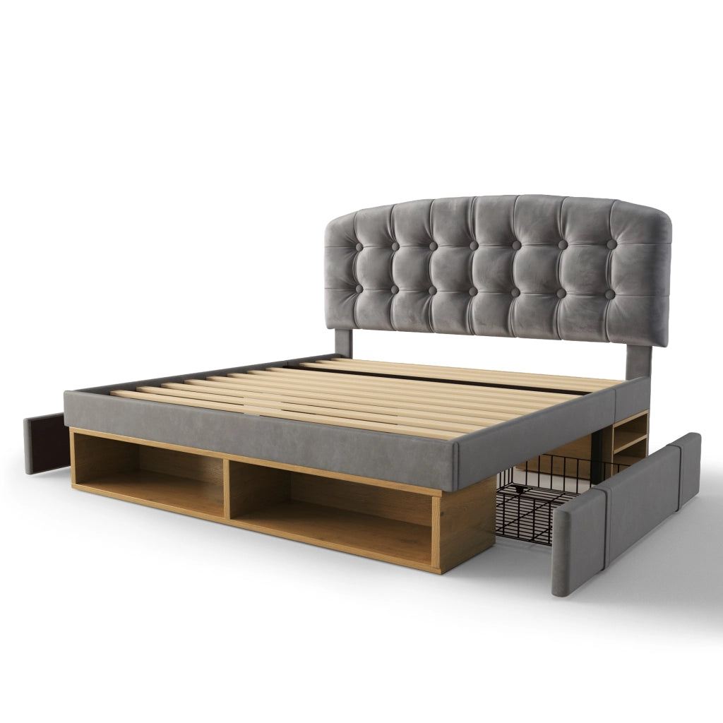Letto imbottito 140x200 con cassetti grigio