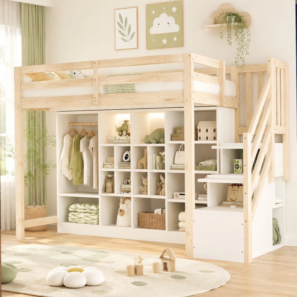 Letto a soppalco 90 x 200 cm con armadio; ripiani e scala contenitore; legno e bianco