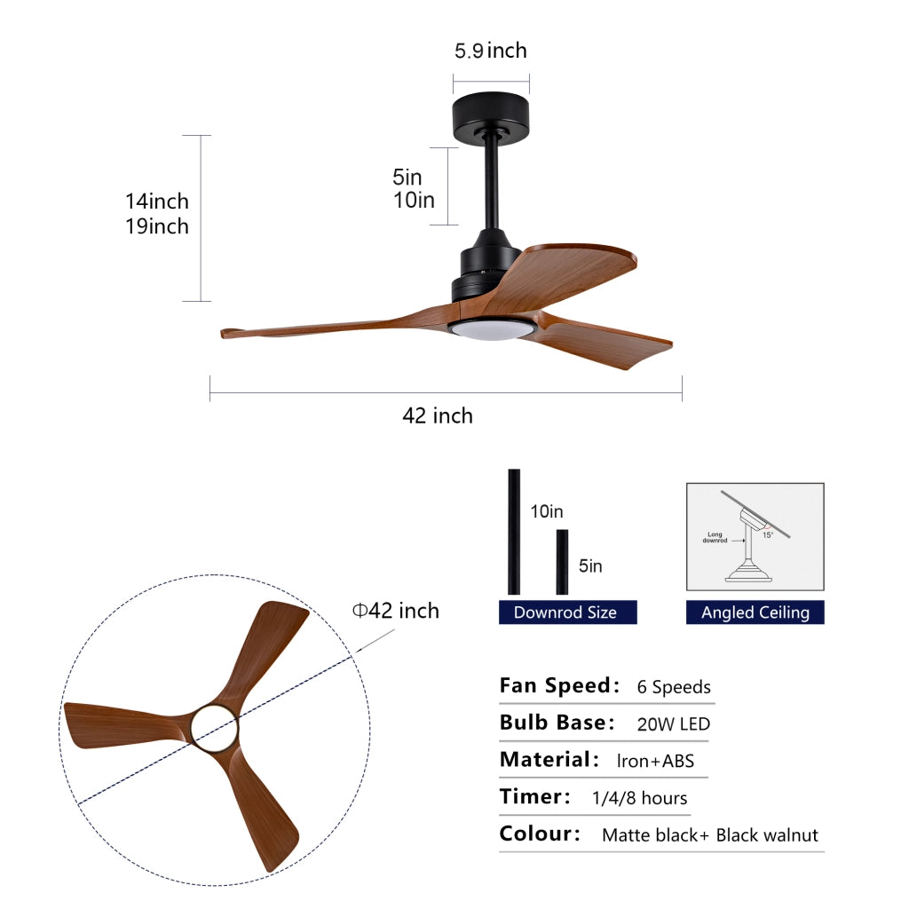 Ventilatore da soffitto con luce LED e motore DC reversibile; in ABS nero e noce scuro