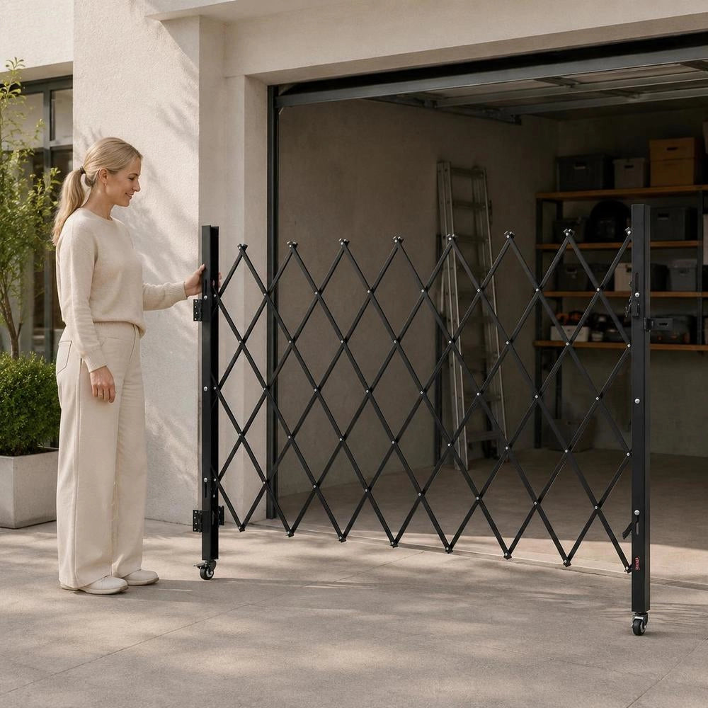 Security Gate (single), Lockable Folding Scissor Gate With 360° Swivel Casters, Retractable Steel Gates For Outdoor Use, For Entrance Security, Garage, Warehouse, Folding Gate 180 X 161 Cm (W X H) Black