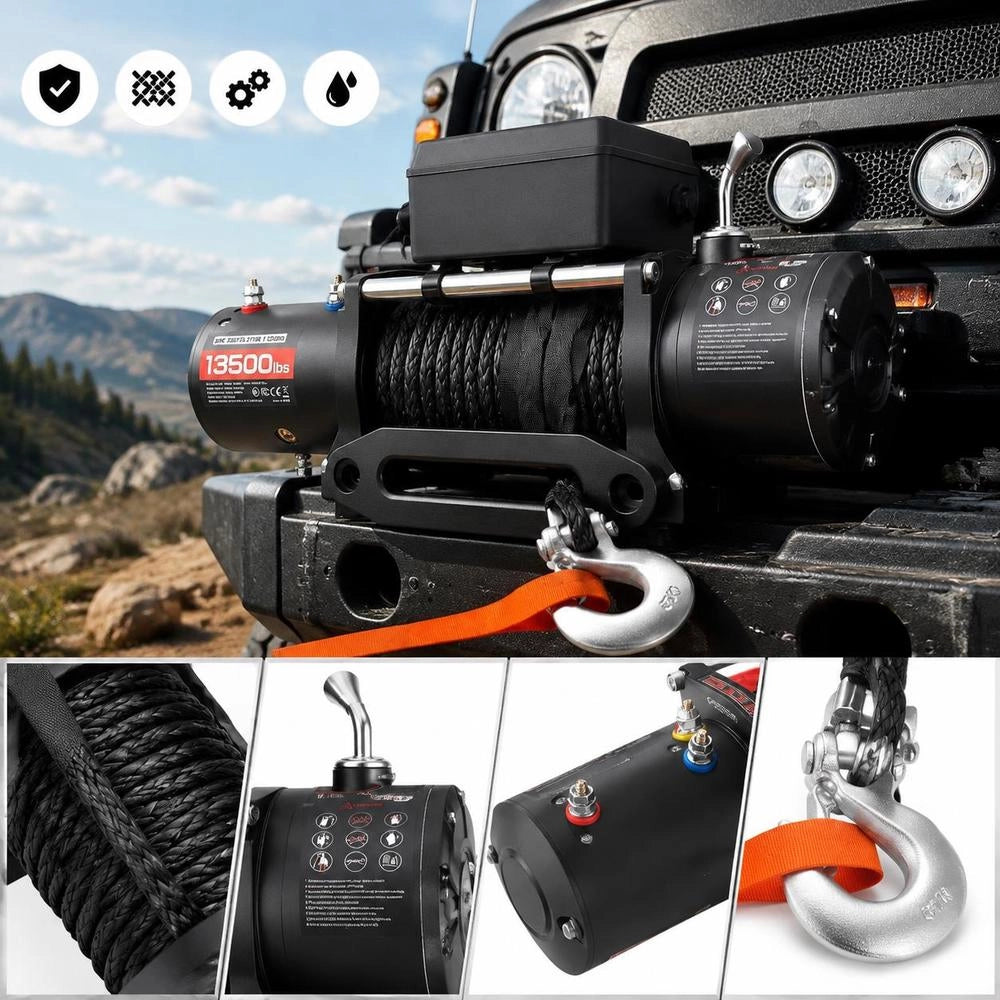 Electric Winch, 6100 Kg, 12 V DC Electric Winch With 26 M Synthetic Rope, Wireless & Wired Remote Control, IP55, For Towing Off-road Vehicles, Jeeps, Trailers & Boats
