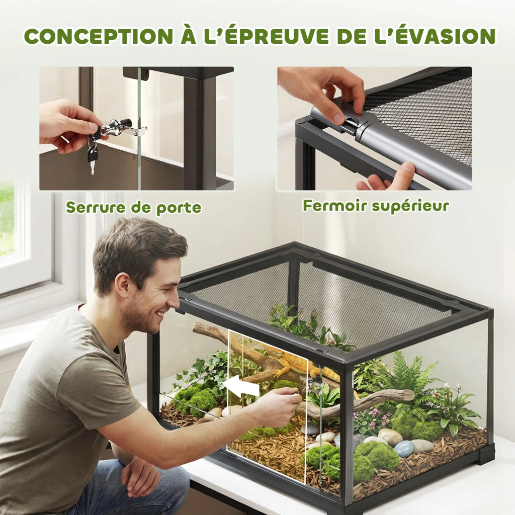 Terrario in Vetro per Rettili e Criceti 86 L con Ventilazione Superiore e Porta Scorrevole 50,8x30,5x35,6 cm Nero