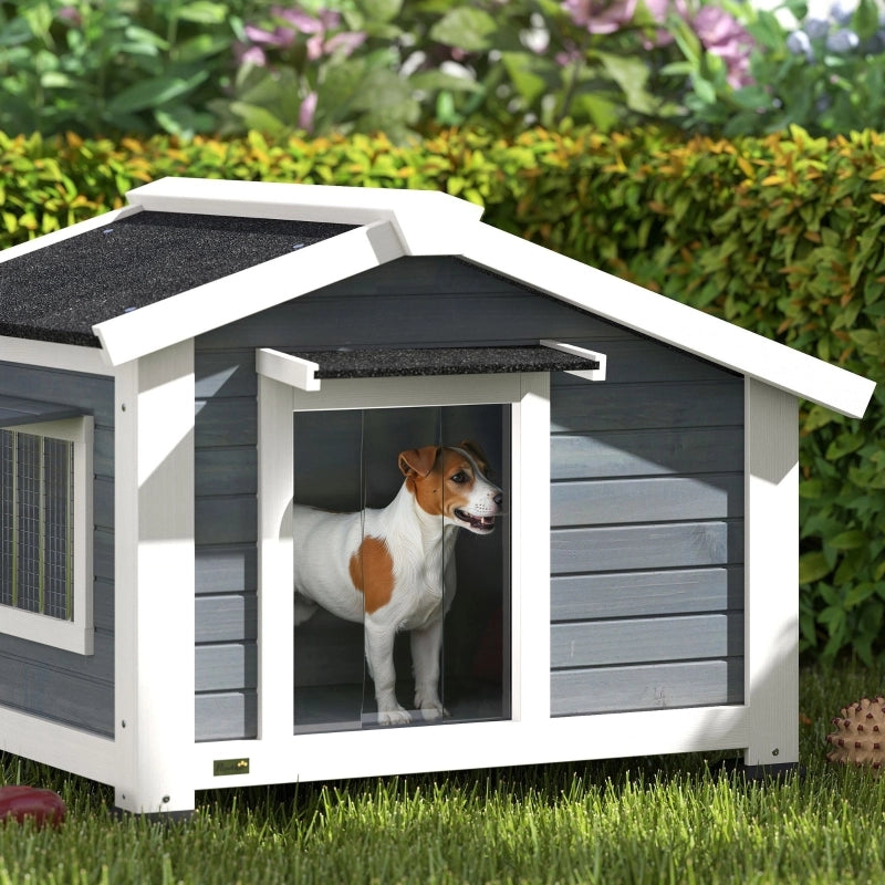 Cuccia per cani in legno, 98x76x69,5 cm, grigia, con tetto in asfalto, finestra apribile e fondo estraibile, resistente alle intemperie