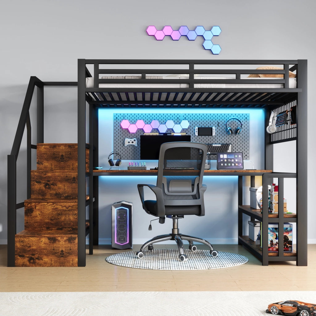 Letto a Soppalco con Scrivania e LED ¨C MINIMAL ¨C Metallo Nero 140x200