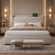 Letto matrimoniale beige 160x200 con contenitore, USB e USB-C