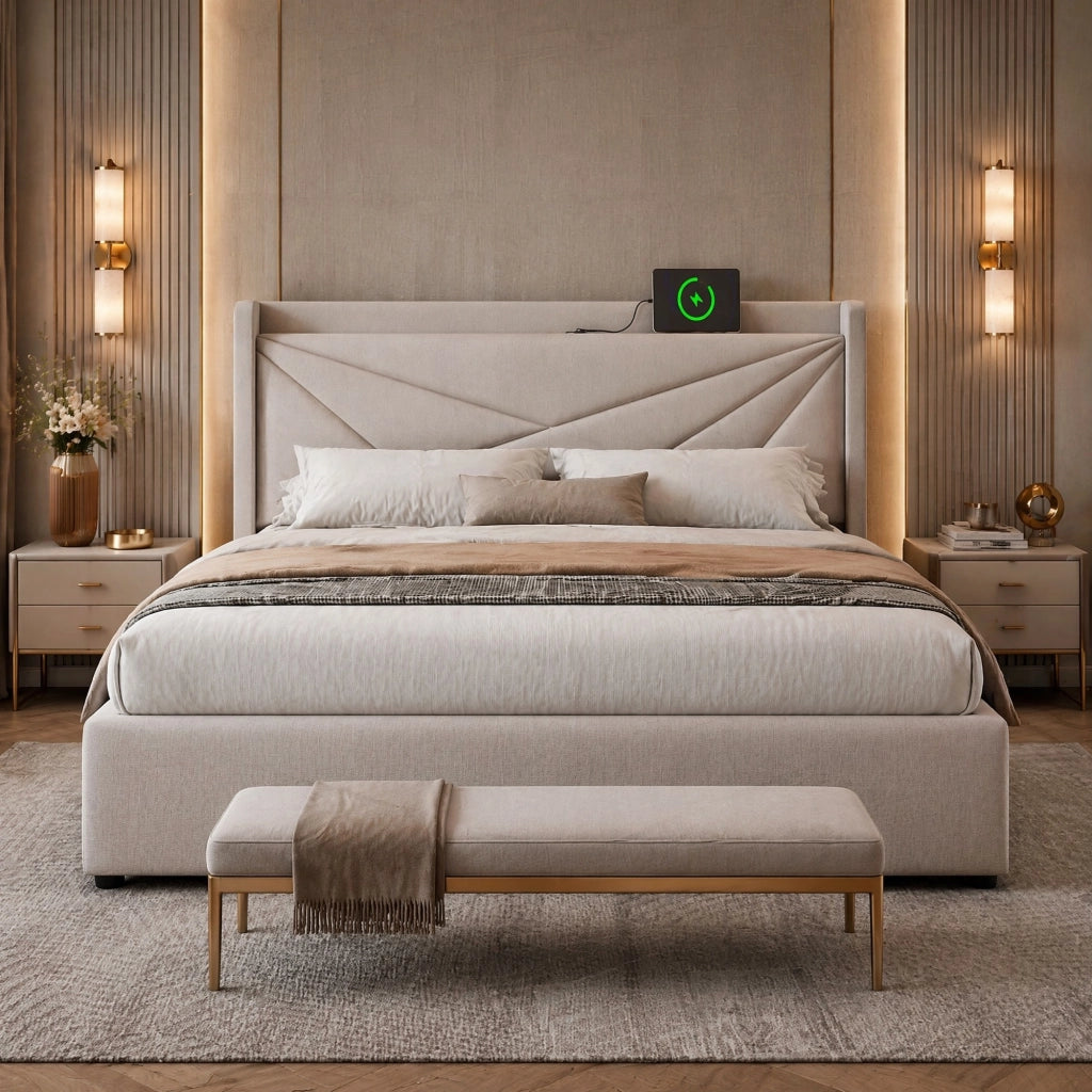 Letto matrimoniale beige 160x200 con contenitore, USB e USB-C