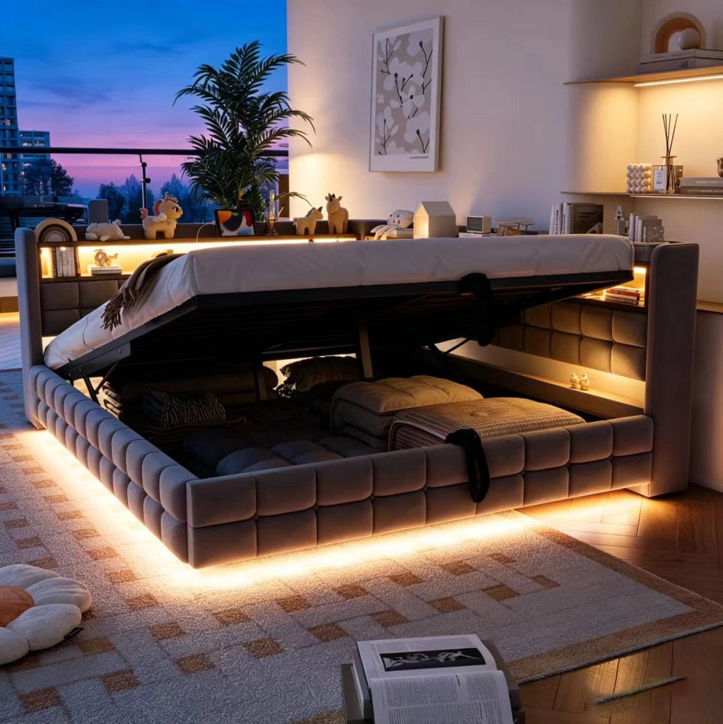 Letto Poltrona Multifunzionale 140x200 cm con Contenitore Idraulico, Mensole in Legno, Illuminazione LED, Prese USB e Tipo-C, Rivestimento in Velluto Grigio Chiaro