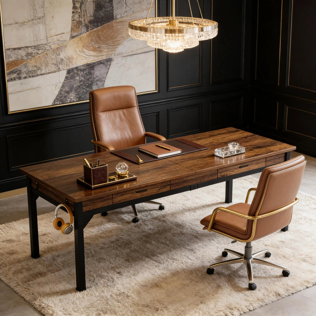 SCRIVANIA Doppia 200x60x82 cm Legno e Metallo Marrone Rustico e Nero