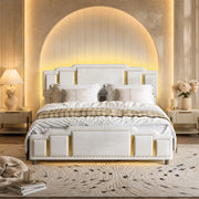 Letto imbottito 140 x 200 cm in velluto beige con LED, 4 cassetti e finiture oro