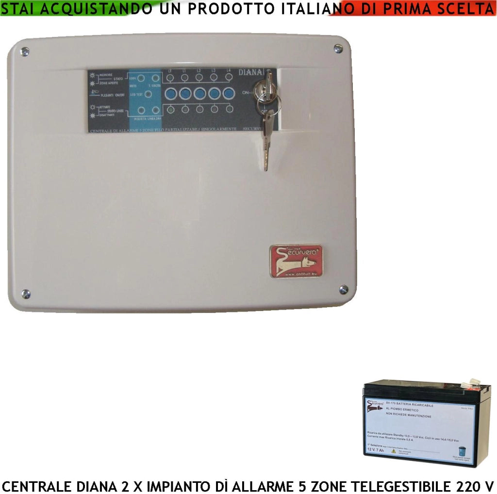 Diana 5 Zone Centrale Allarme Batteria 12 V 7 Ah per Impianto Antifurto Filo 2 Chiavi Meccaniche Gestisce Rilevatori Ingresso Per Comando Remoto o Telegestione Uscita Sirene Combinatore Fumogeni