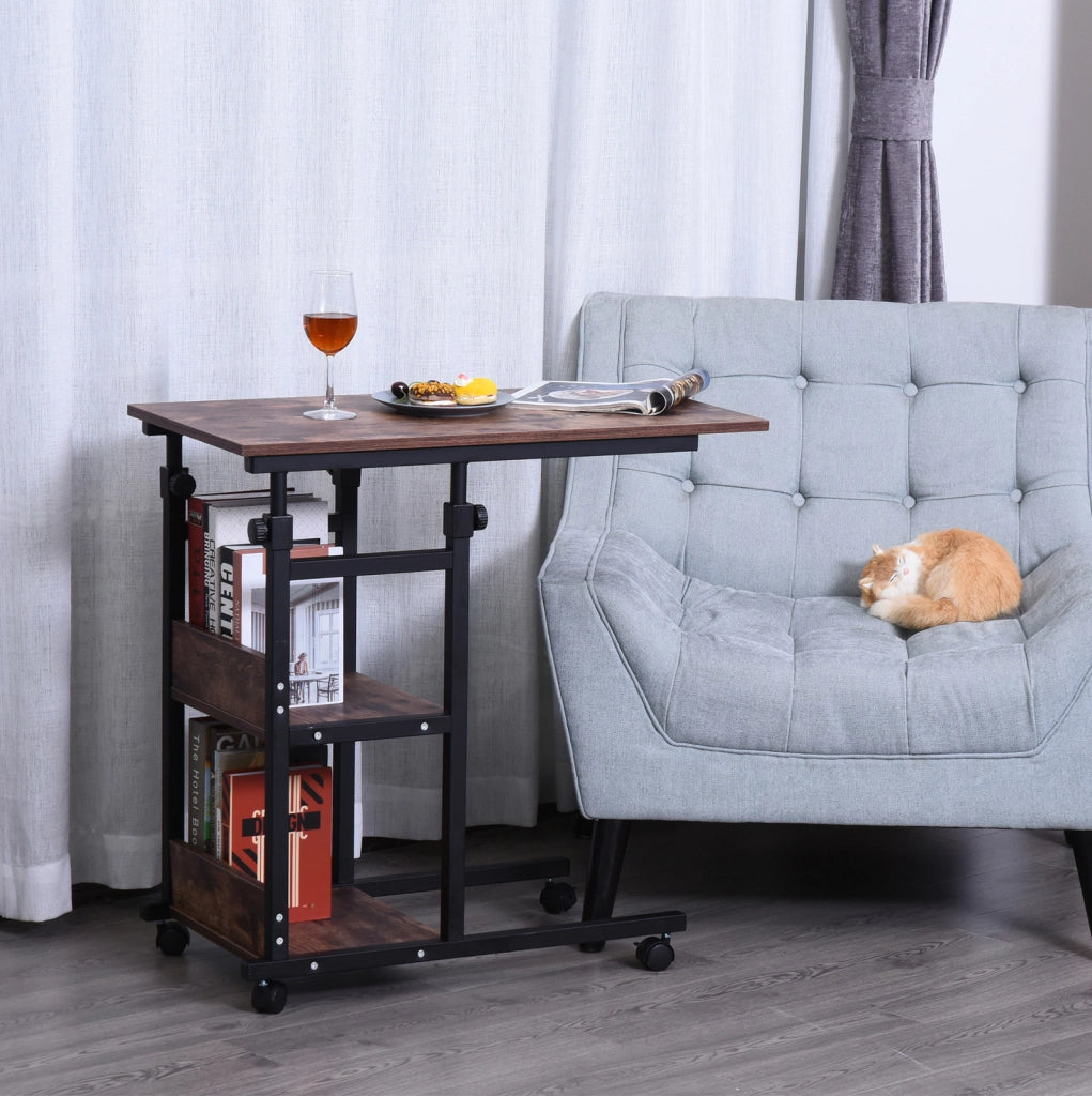 Tavolino regolabile con ruote 80x40x72-82 cm, metallo nero, 2 ripiani