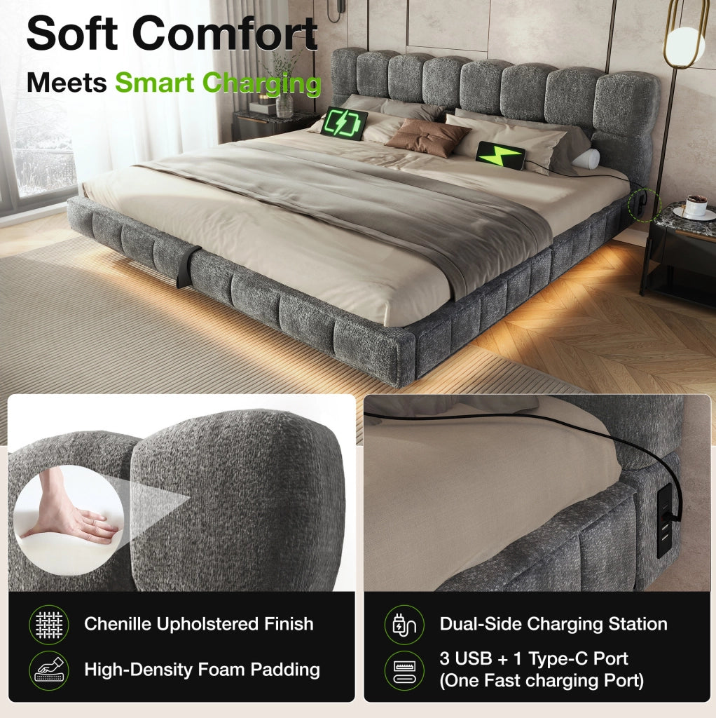 Letto matrimoniale 180x200 cm con contenitore idraulico; LED; USB e Type-C; ciniglia grigia