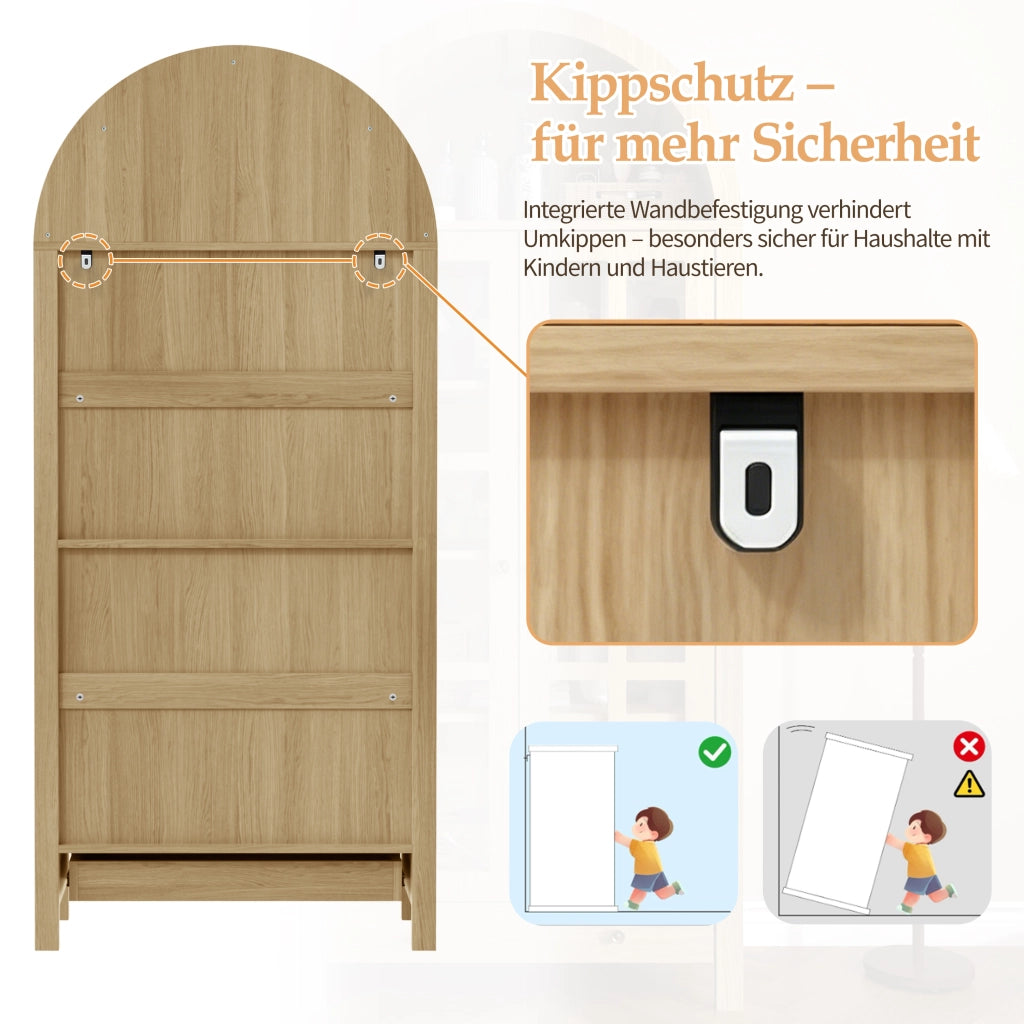 Vetrina ad arco con ante in acrilico trasparente e cassetto in MDF naturale per soggiorno 75 × 35 × 170.5 cm