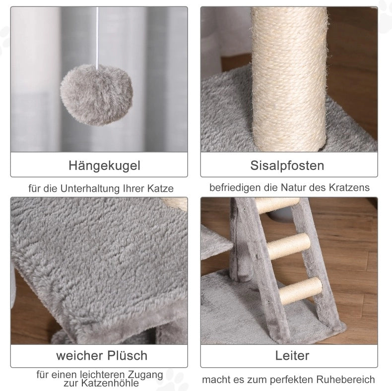 TIRAGRAFFI per gatti 120 cm con grotta, piattaforme e scala, grigio chiaro