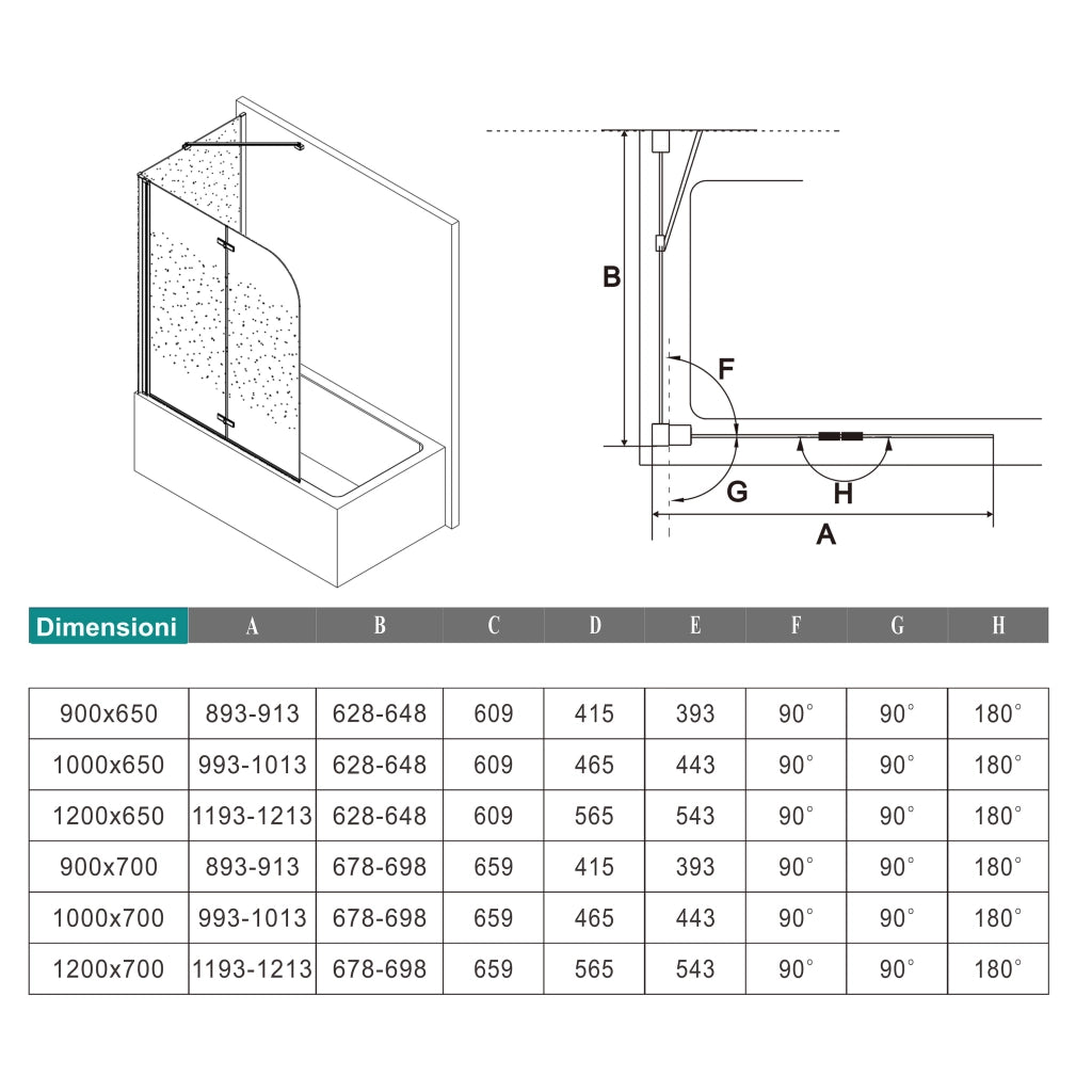 H.140 cm Sopravasca Angolare 120x65 cm 2 Ante Apribili con Lato Fisso in Vetro Anticalcare Opaco da 6mm Verso Sinistro