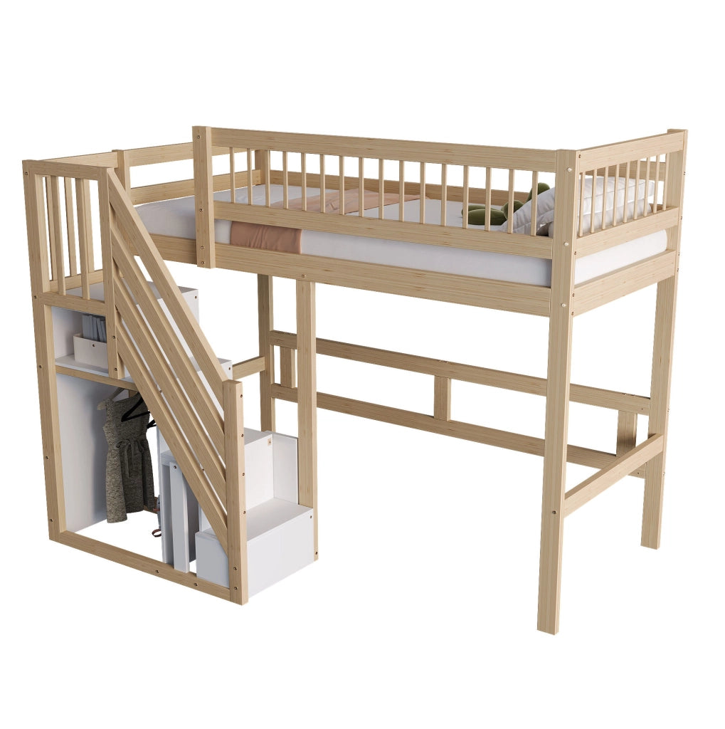 Letto rialzato per bambini 90x200 cm con scala contenitore; in legno