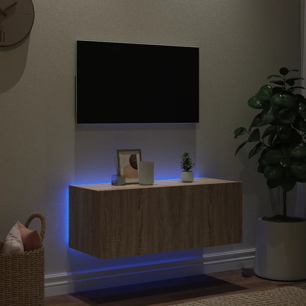 Mobile TV a Parete | Armadietto TV | Mobile Porta TV con Luci LED Rovere Sonoma 80x35x31 cm