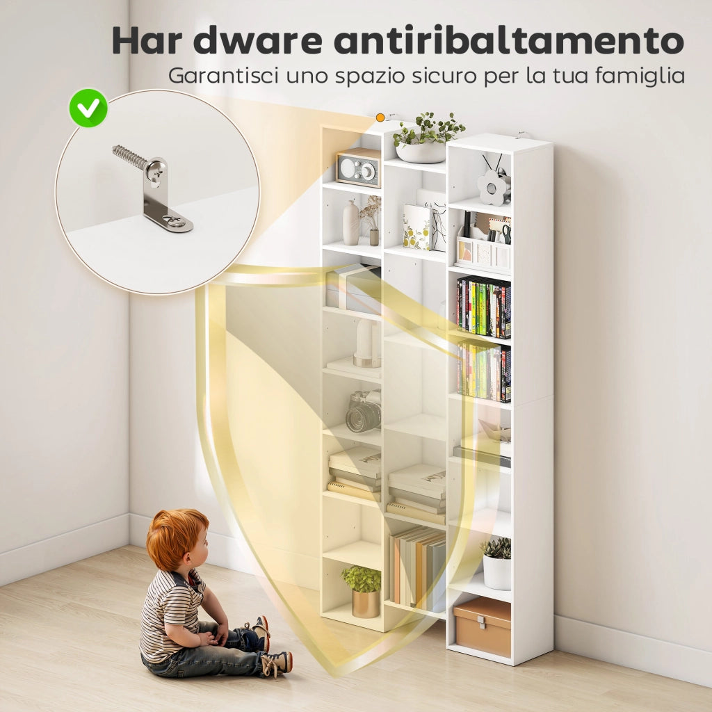 Libreria moderna in legno bianco alta 181 cm con 21 scomparti e 10 ripiani regolabili, pratica per casa