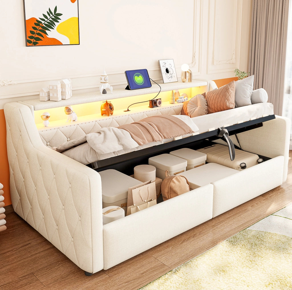 Daybed 211x106x77 cm con contenitore idraulico; LED e porte USB e USB C in lino e MDF beige