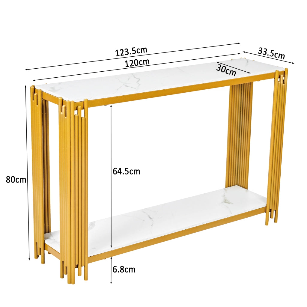 Tavolo consolle con 2 ripiani MDF e metallo oro e bianco