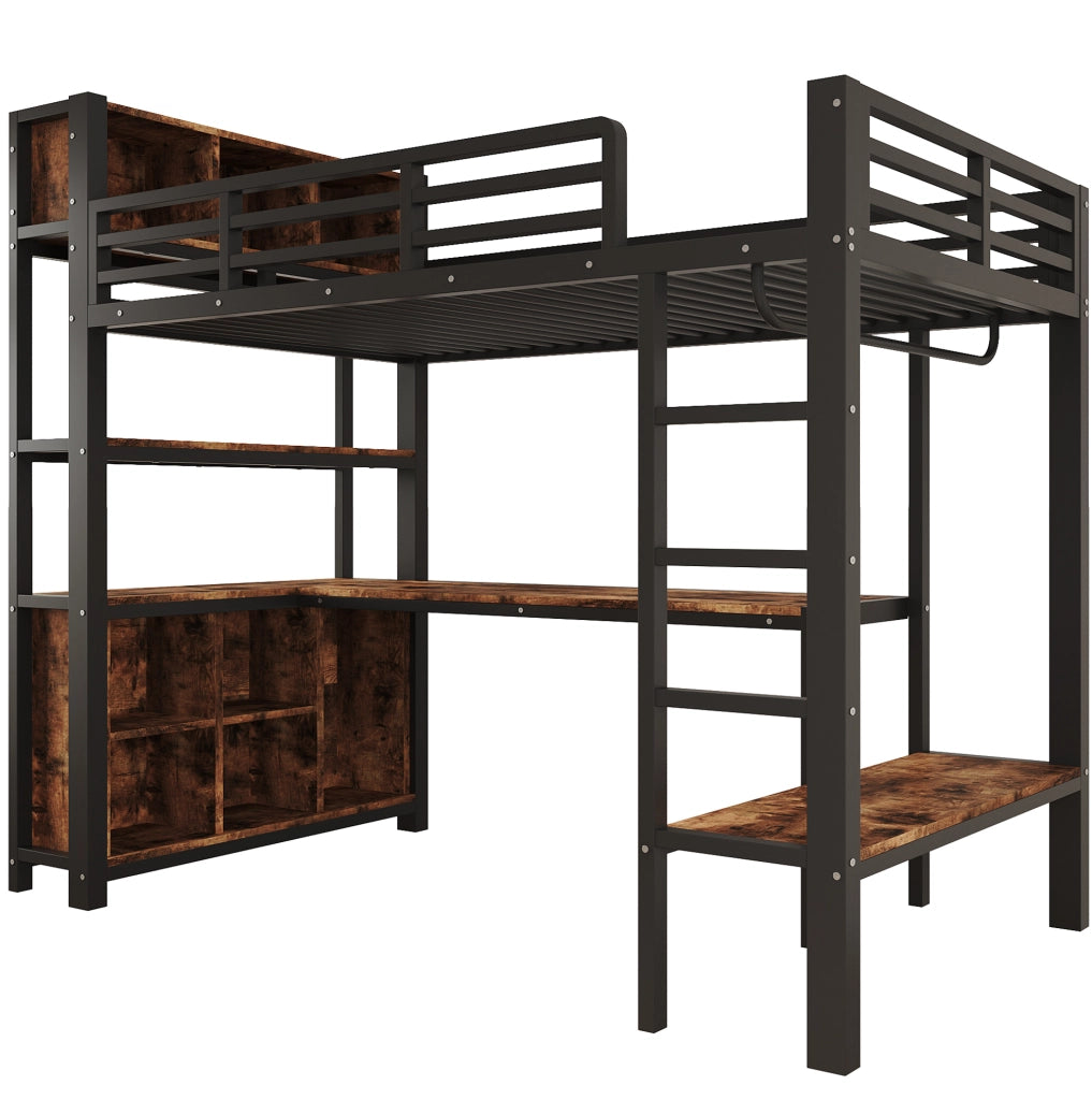 Letto a soppalco 90x200 cm con scrivania; appendiabiti; ripiani e vani contenitori; nero