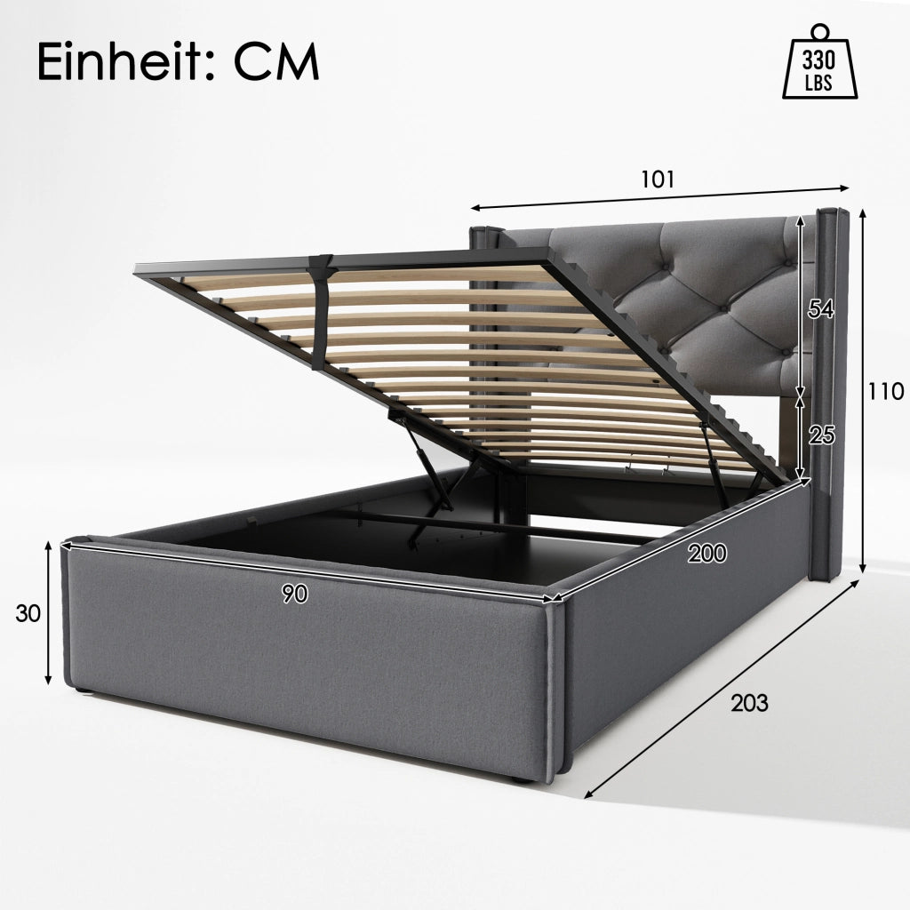 Letto imbottito grigio 90x200 cm con contenitore