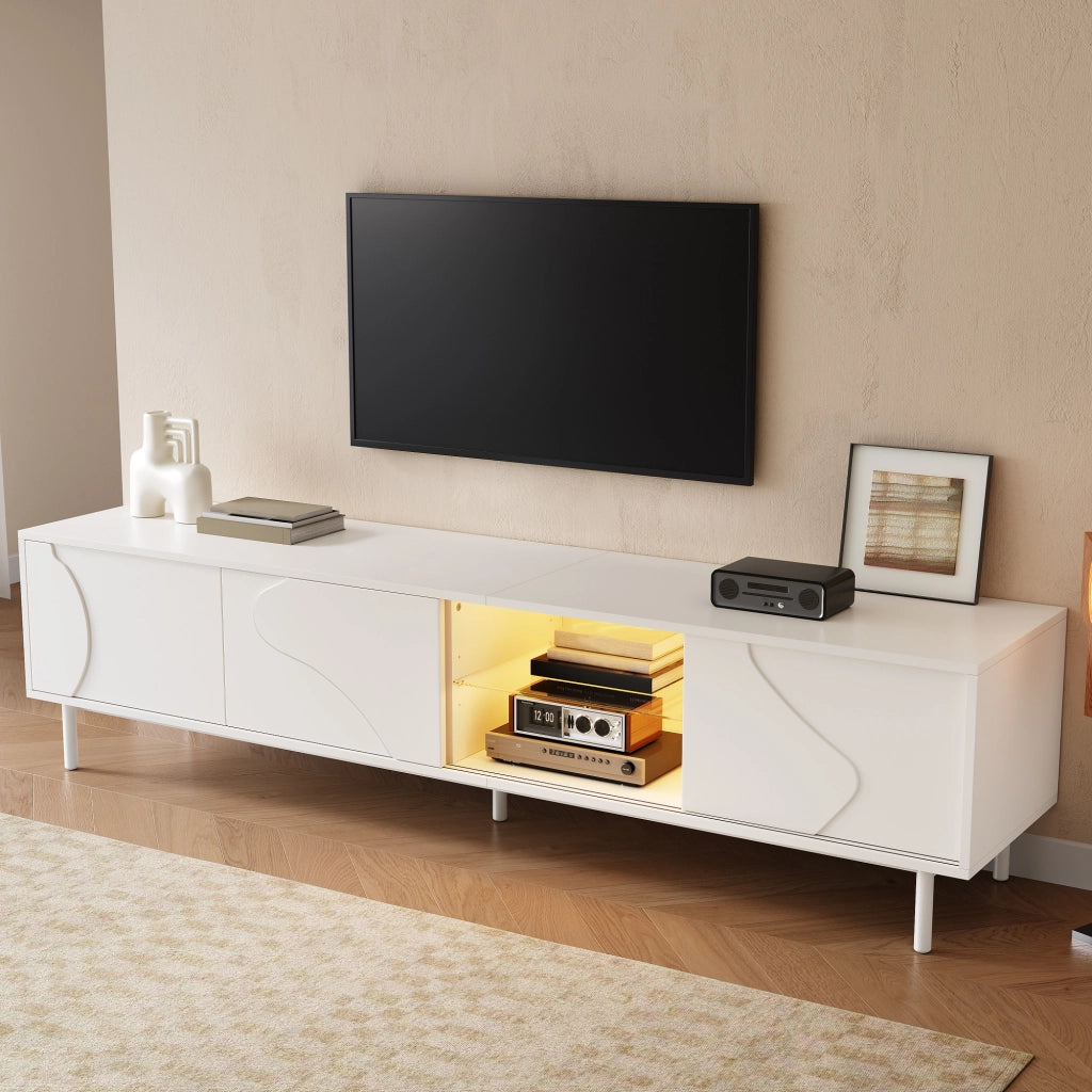 Mobile TV con 3 ante scorrevoli, ripiano in vetro e LED regolabile via telefono, bianco, per soggiorno, 180 × 40 × 45 cm
