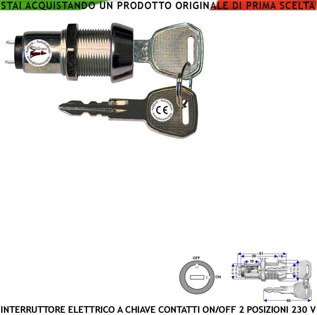 Interruttore a Chiave Due Posizioni ON-OFF Contatti NC/NA da 3 A Isolamento 230 V Sistema Antimpronta Con 2 Chiavi a Doppio Profilo Utile Inserire Disinserire Allarme Sirena o Qualsiasi Apparato