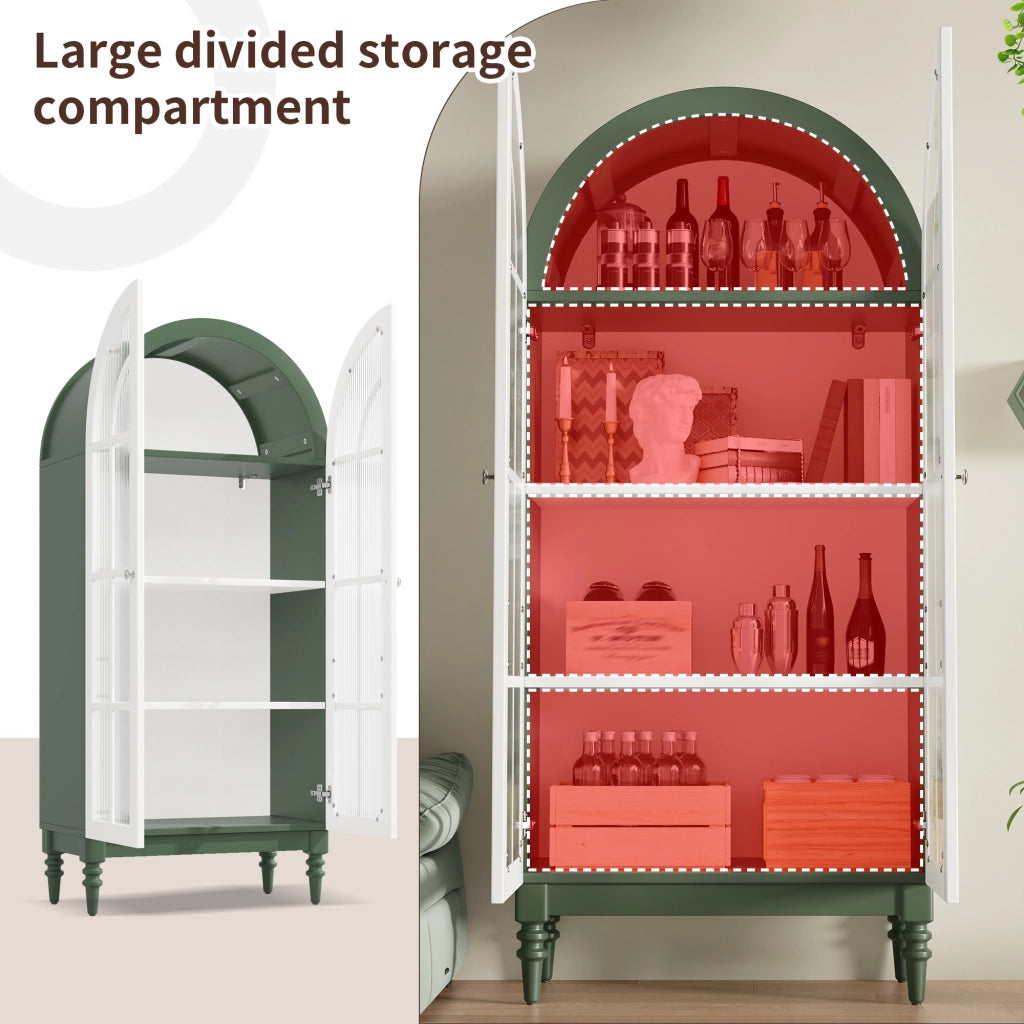 Vetrina ad arco con ante doppie in vetro rigato tre ripiani MDF verde scuro e bianco portata 60 kg 76 × 38.5 × 165 cm