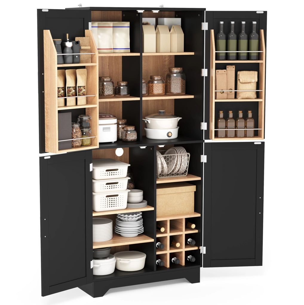Armadio contenitore alto in MDF con portabottiglie, nero e naturale